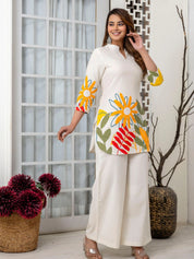 Cream Graphic Leaf Kurta & Wide-Leg Co-ord Set in Cotton Flex