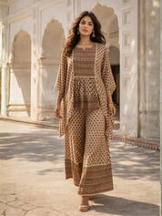 Butter Cream Lurex & Moti Embellished Muslin Kaftan Co-ord Set with Aari Lace Palazzo