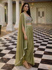 Olive Green Embroidered Three-Piece Set with Beaded Blouse, Tulip Skirt & Organza Cape Jacket