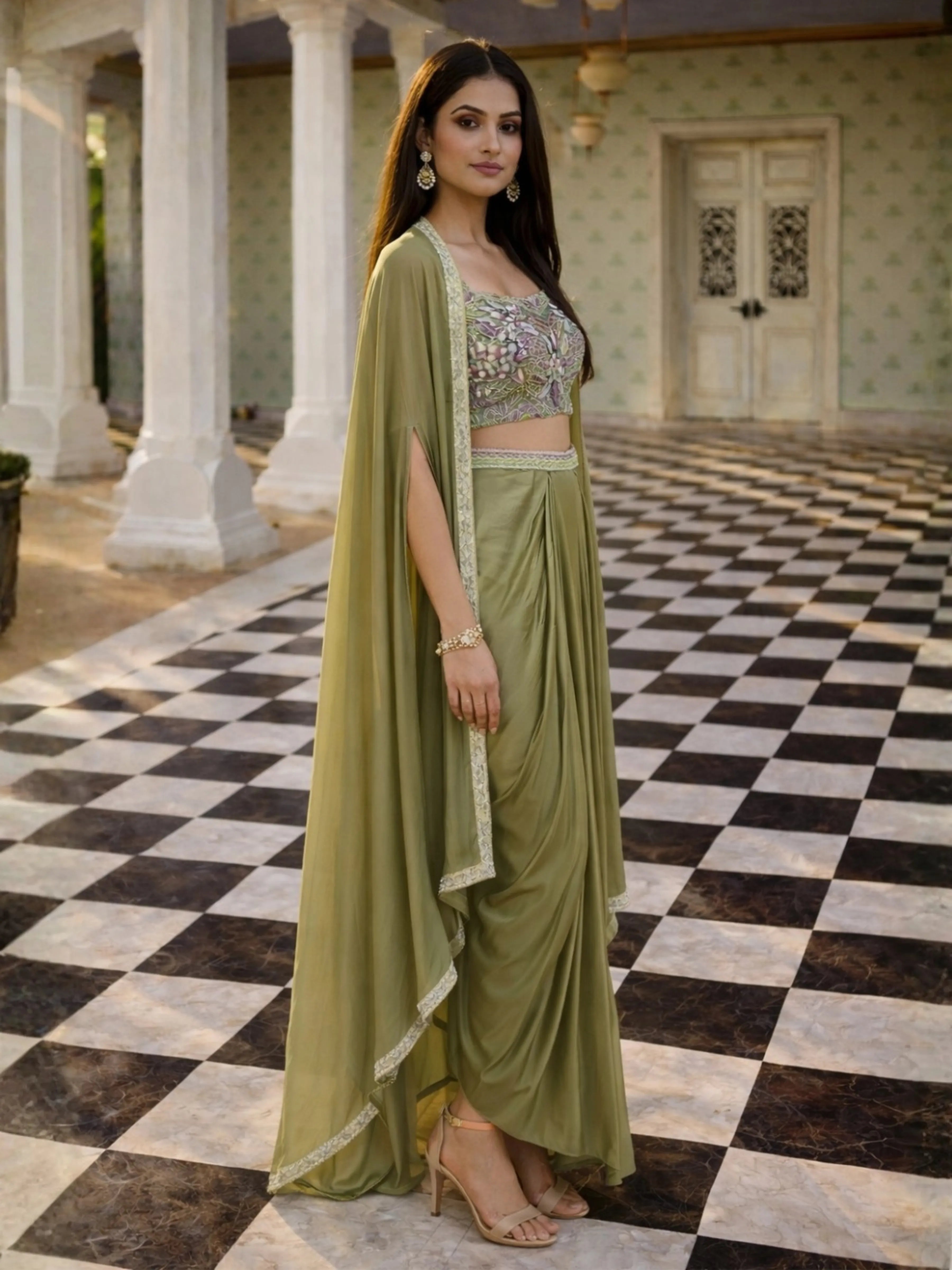 Olive Green Embroidered Three-Piece Set with Beaded Blouse, Tulip Skirt & Organza Cape Jacket