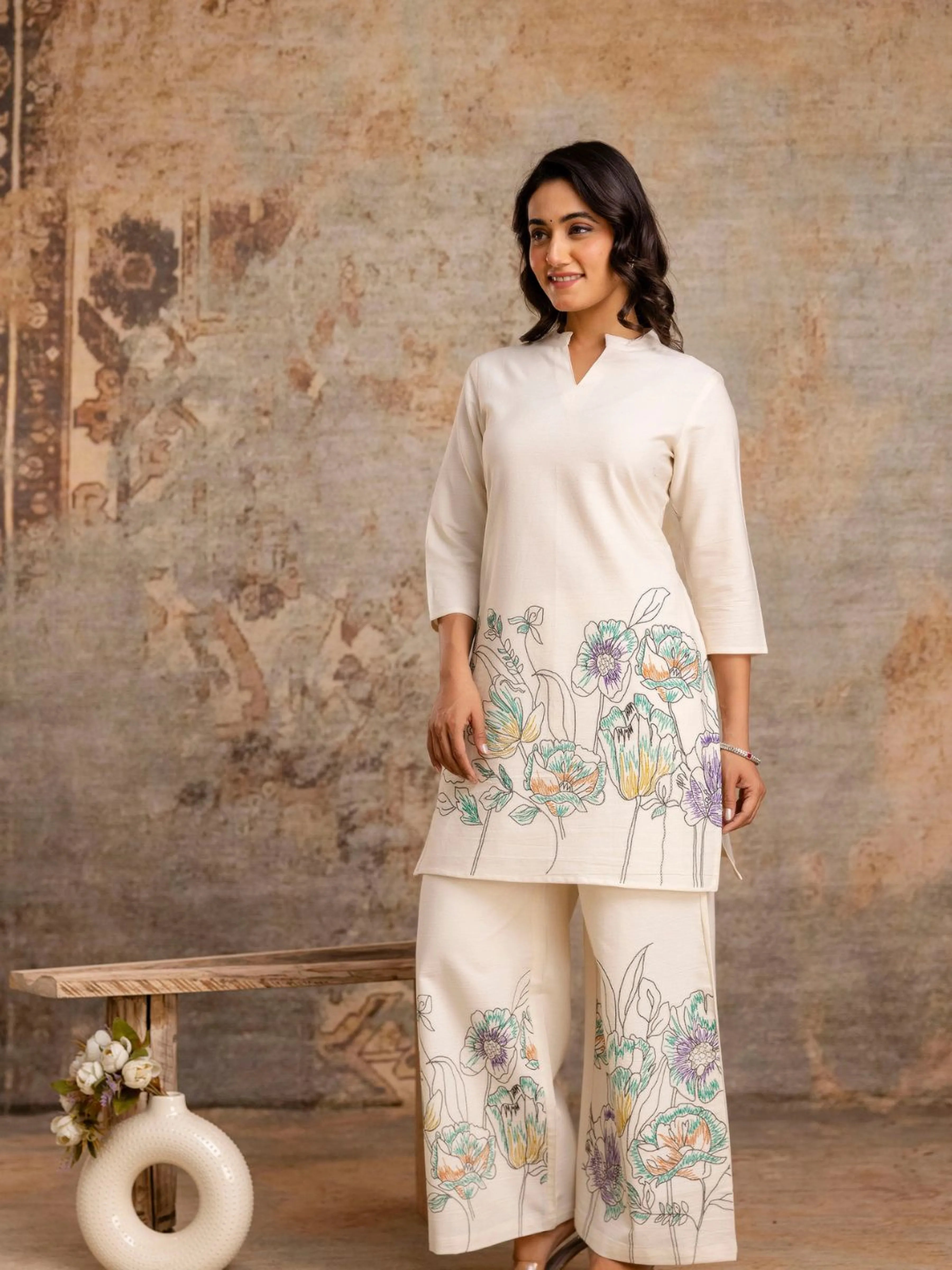 Ivory Floral Kurta & Wide-Leg Cotton Flex Co-ord Set