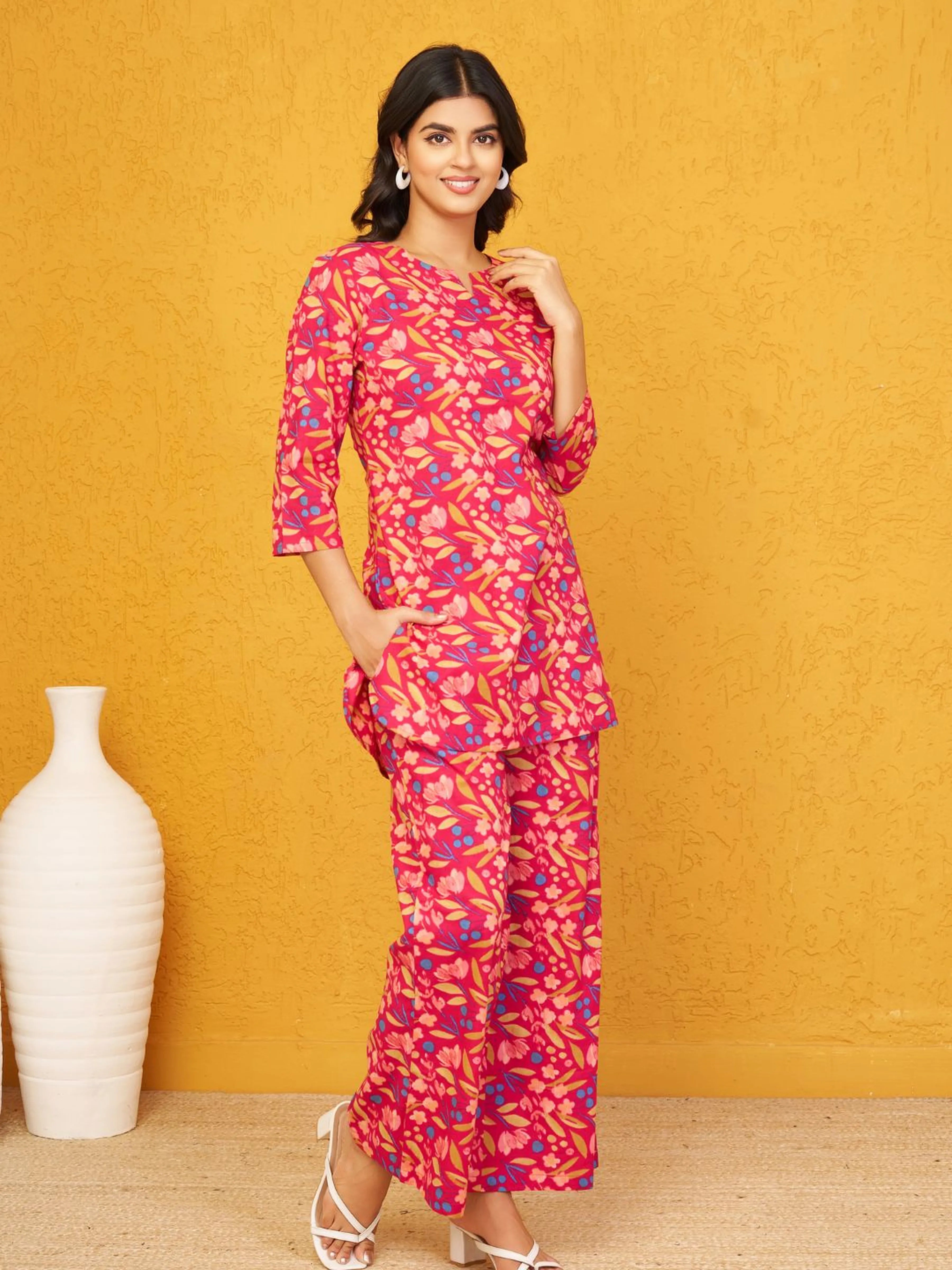 Raspberry Base Multicolor Floral Co-ord Set in Cotton Cambric