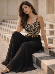 Black Embroidered Three-Piece Set with Cape Jacket & Tassel Details In Georgette & Chinon