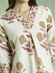 Natural Beige Floral Block Print Kurta Set in Cotton