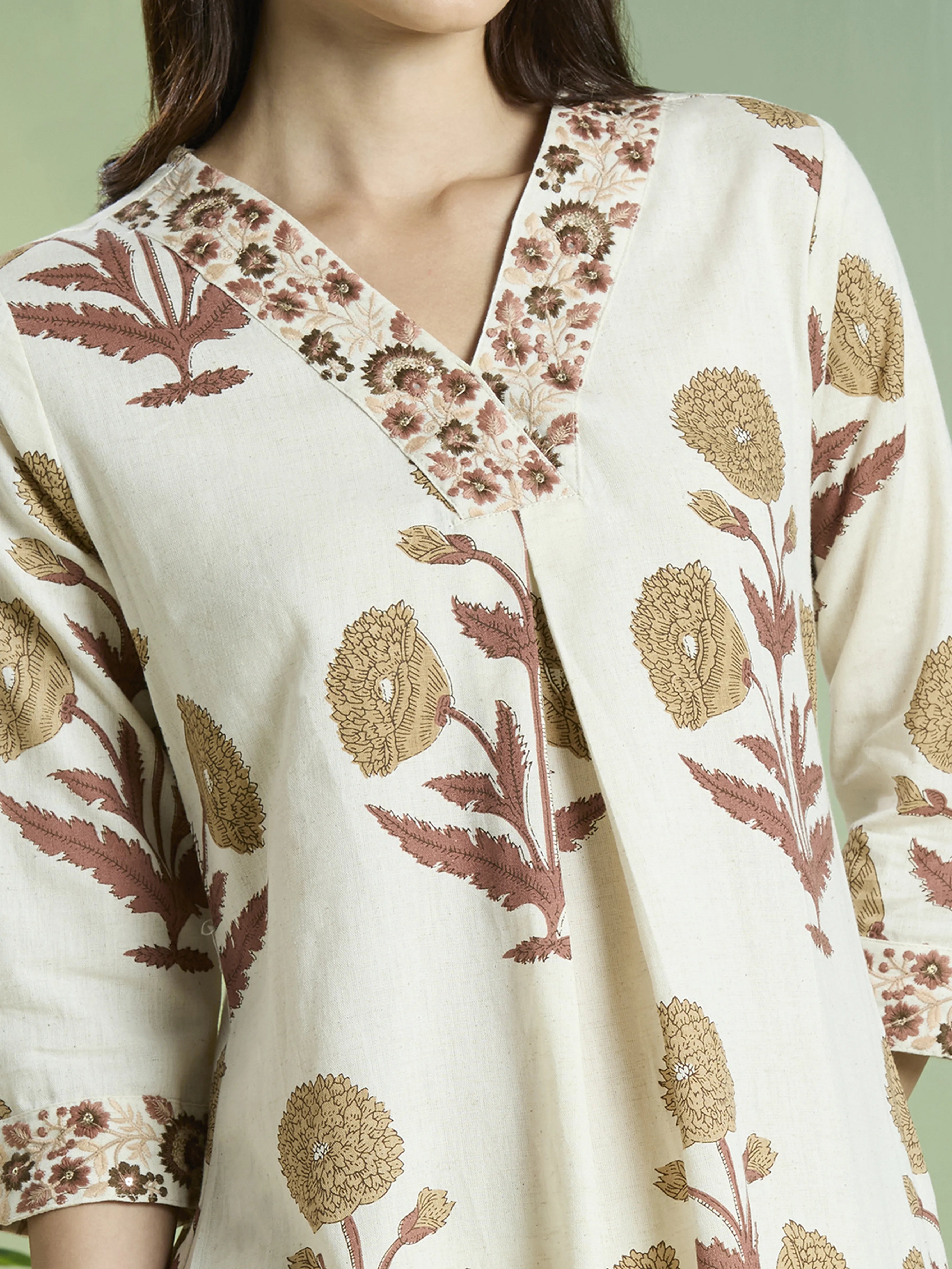 Natural Beige Floral Block Print Kurta Set in Cotton
