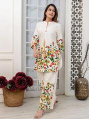 Cream Mandarin-Neck Kurta & Wide-Leg Floral Co-ord Set in Cotton Flex