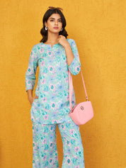Seafoam Pearl Base Multi Color Floral Cotton Cambric Co-ord Set