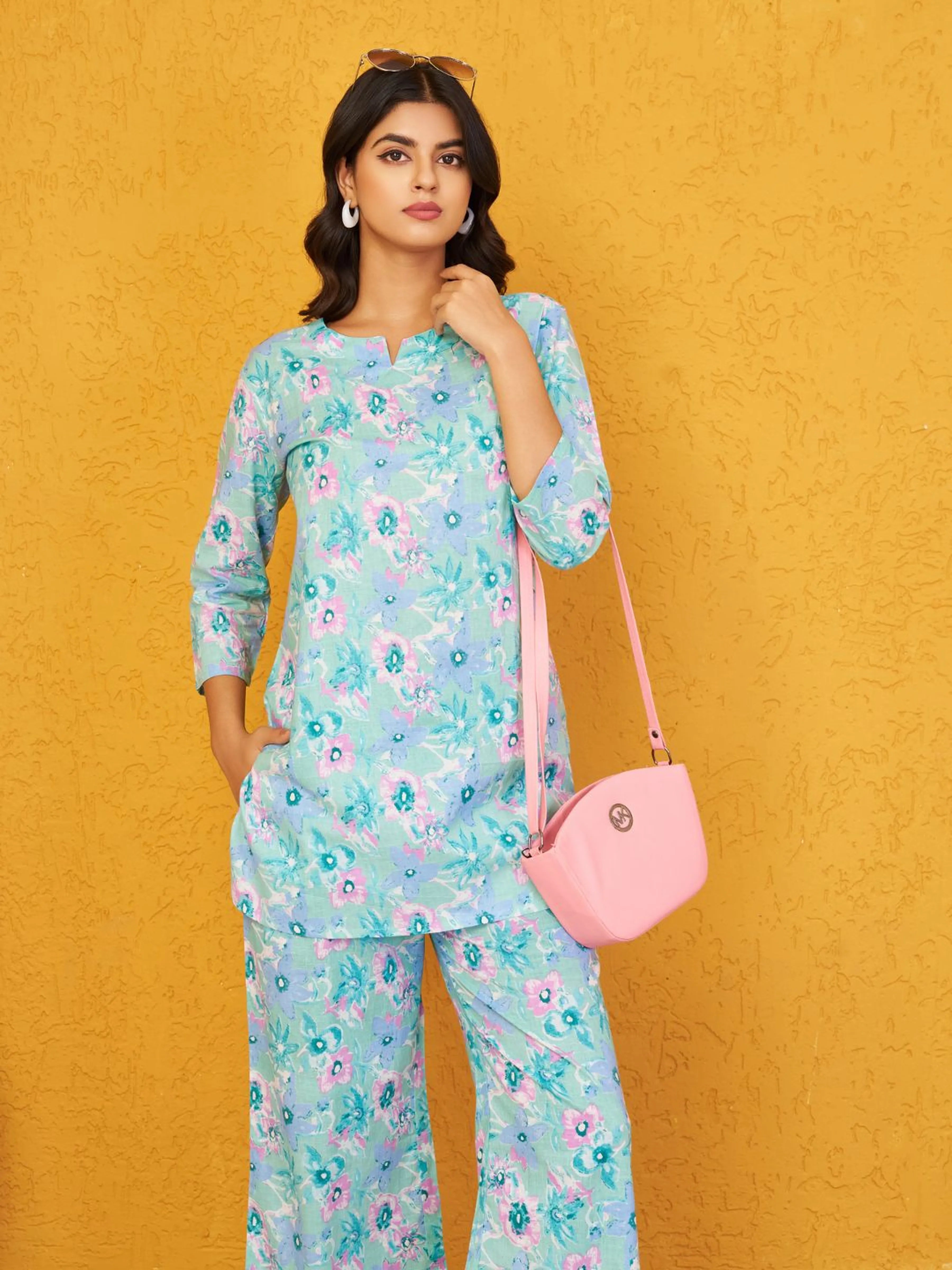 Seafoam Pearl Base Multi Color Floral Cotton Cambric Co-ord Set