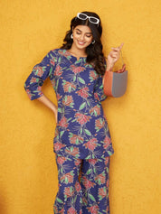 Navy Blue Floral Co-ord Set in Cotton Cambric