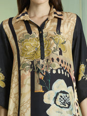 Black & Beige Floral Printed Co-ord Set in Viscose Muslin