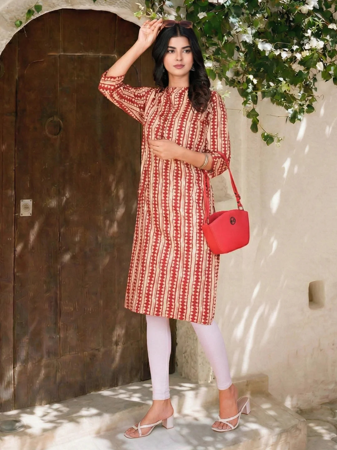 Red & Beige Block Print Cotton Kurta