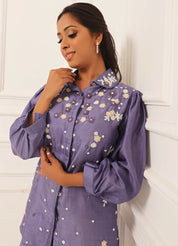 Purple Hand Embellished Pearl Thread Dola Silk Embroidered Shirt Co-ord Set