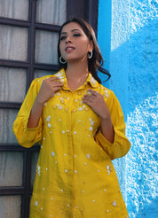 Yellow Hand Embroidered Pearl & Thread Dola Silk Shirt Co-ord Set
