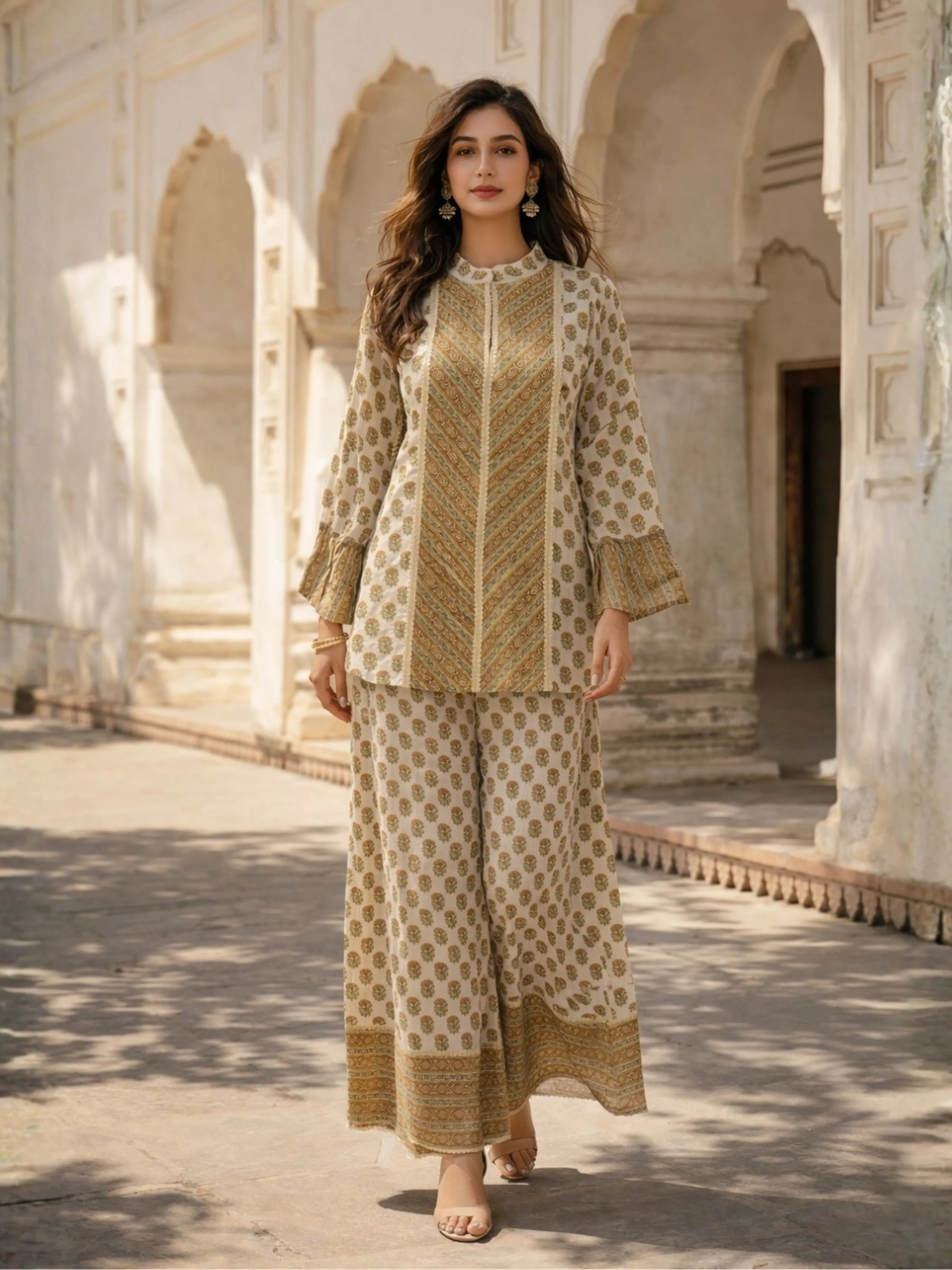 Butter Cream Lurex & Moti Embellished Muslin Co-ord Set with Flared Sleeves