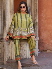 Green Horse Motif Printed Co-ord Set in Viscose Silk