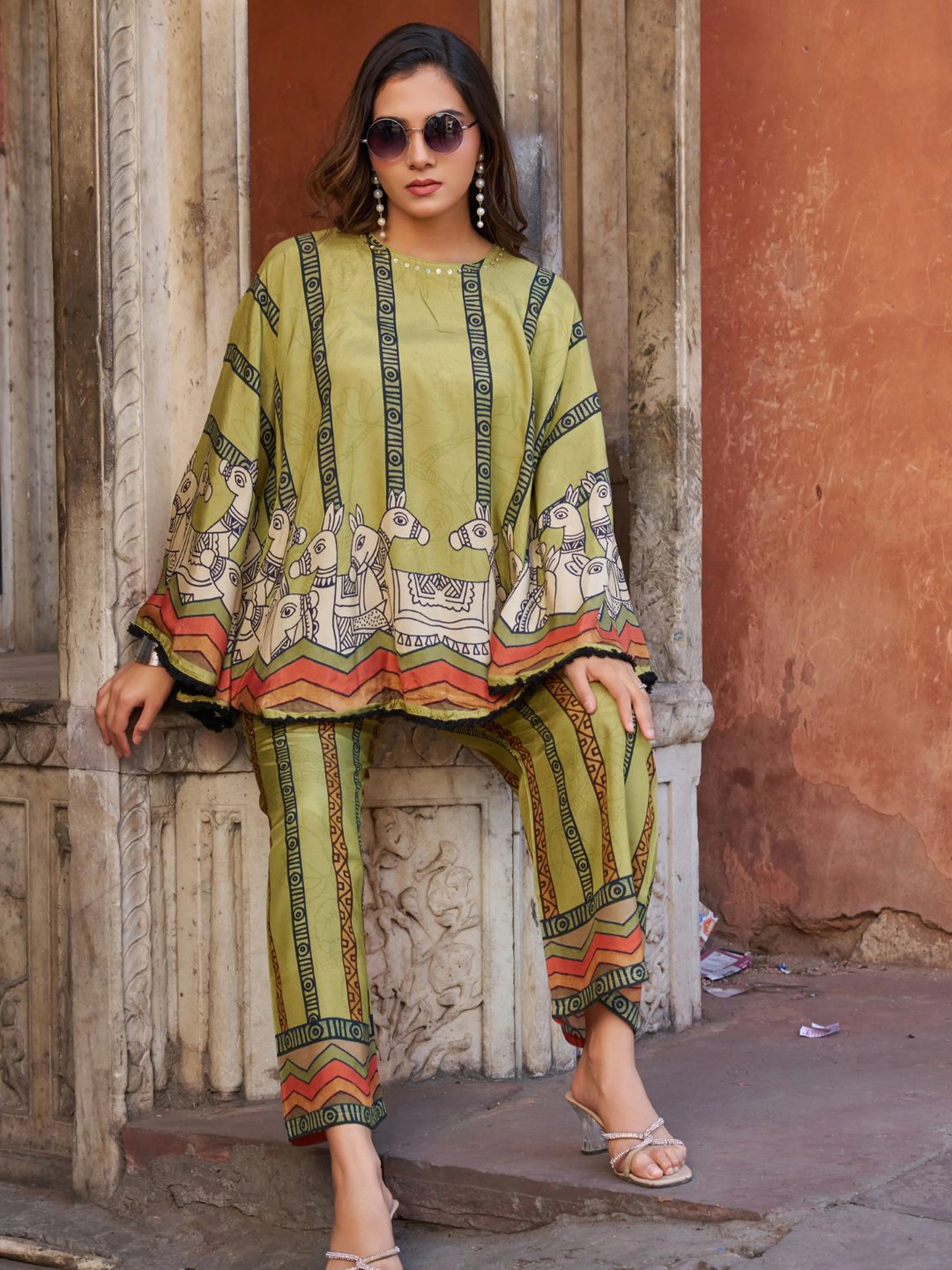 Green Horse Motif Printed Co-ord Set in Viscose Silk
