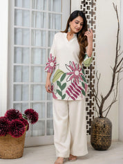 Cream Botanical Leaf Kurta & Wide-Leg Co-ord Set in Cotton Flex