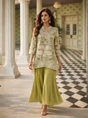 Sage Green Floral Bead Embroidered Muslin & Chinon Co-ord Set