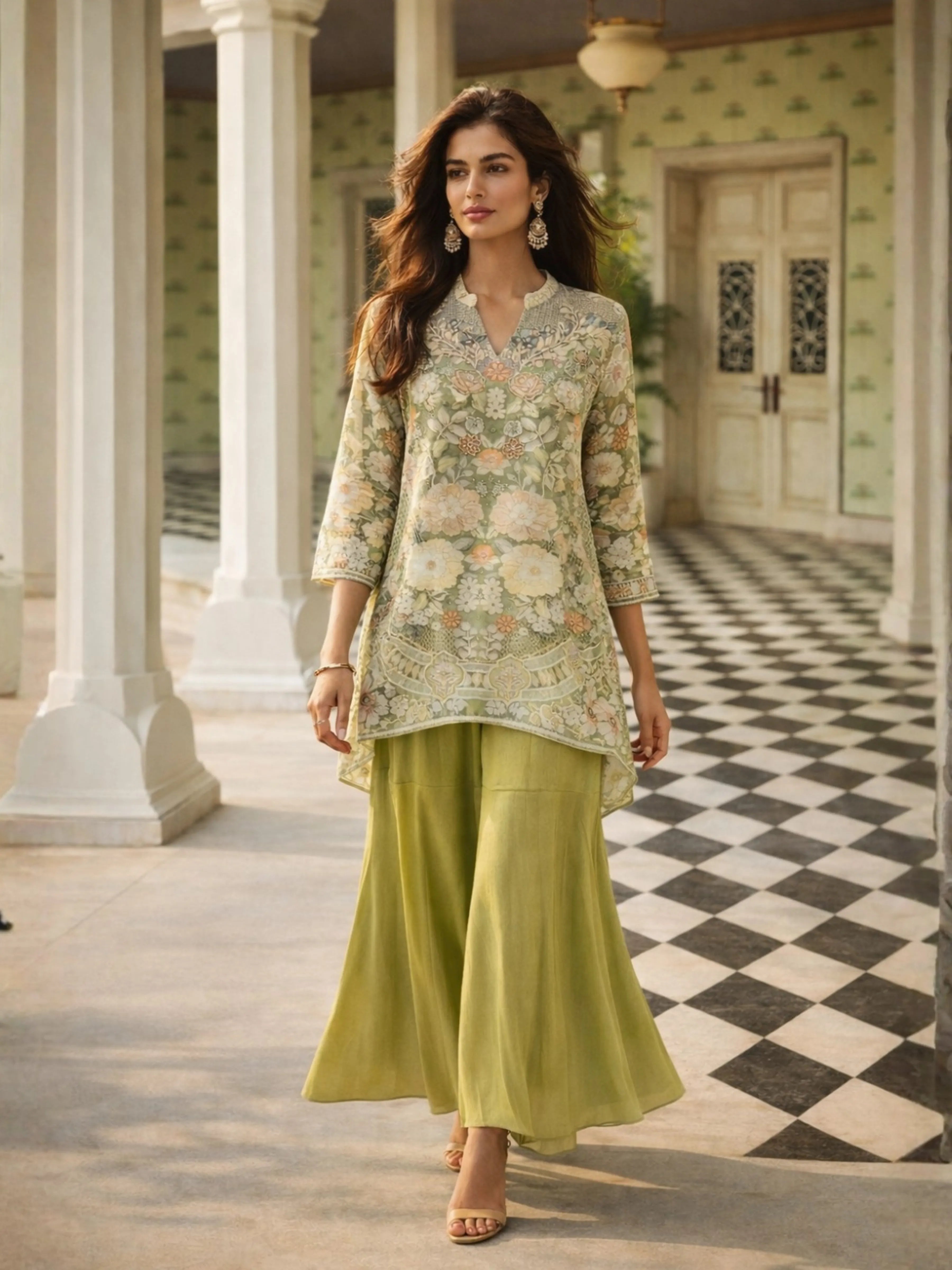 Sage Green Floral Bead Embroidered Muslin & Chinon Co-ord Set