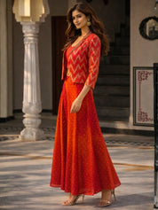 Crimson Orange Ombre Banarasi Brocade Three-Piece Set with Embellished Jacket & Bustier