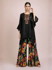 Black Asymmetrical Embroidered Kurti & Floral Palazzo Co-ord Set