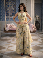 Beige Three-Piece Embellished Co-ord Set with Mirror Work & Chinon Palazzo