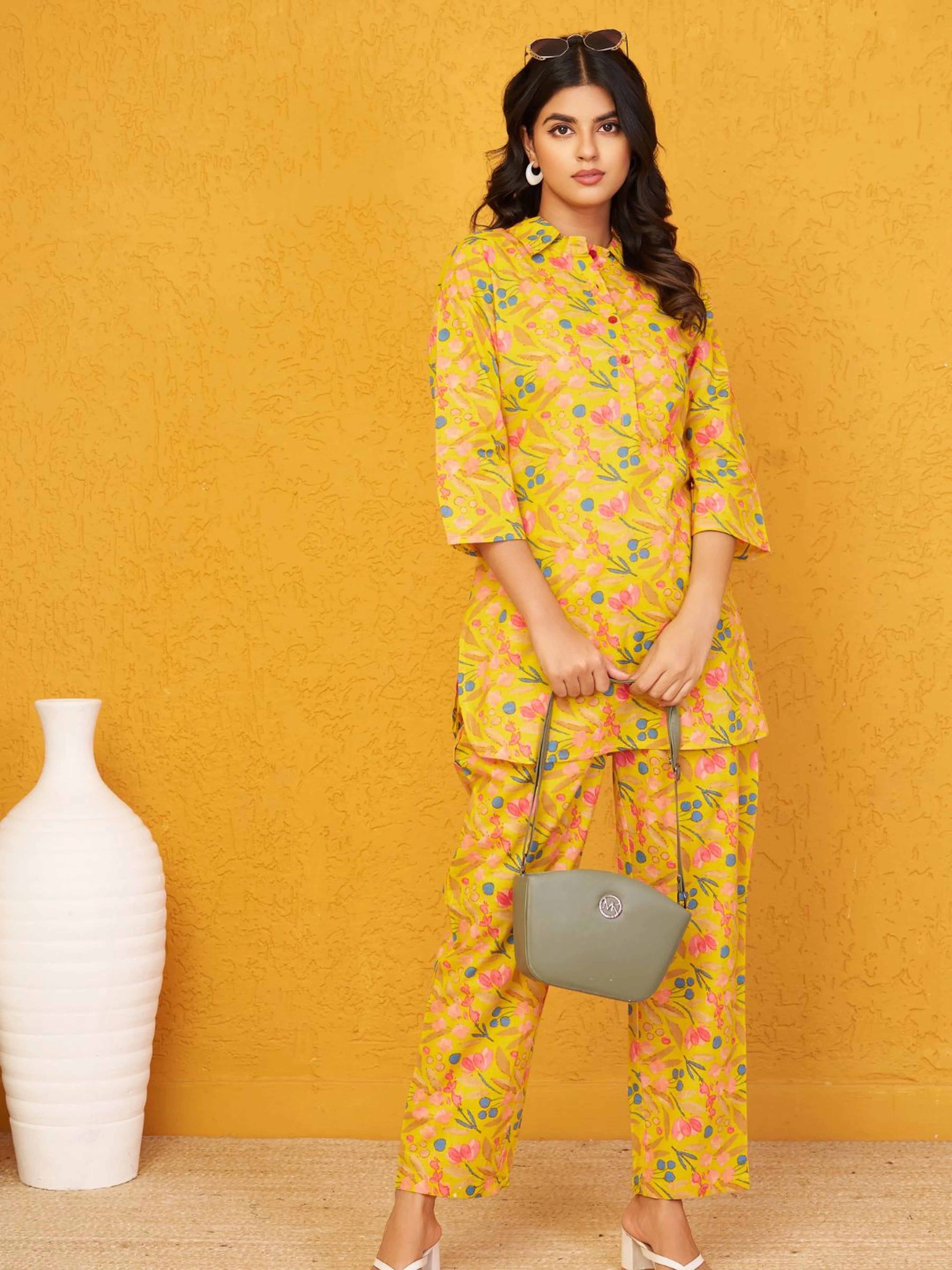 Mustard Yellow Base Multi Color Floral Shirt Collar Cotton Cambric Co-ord Set