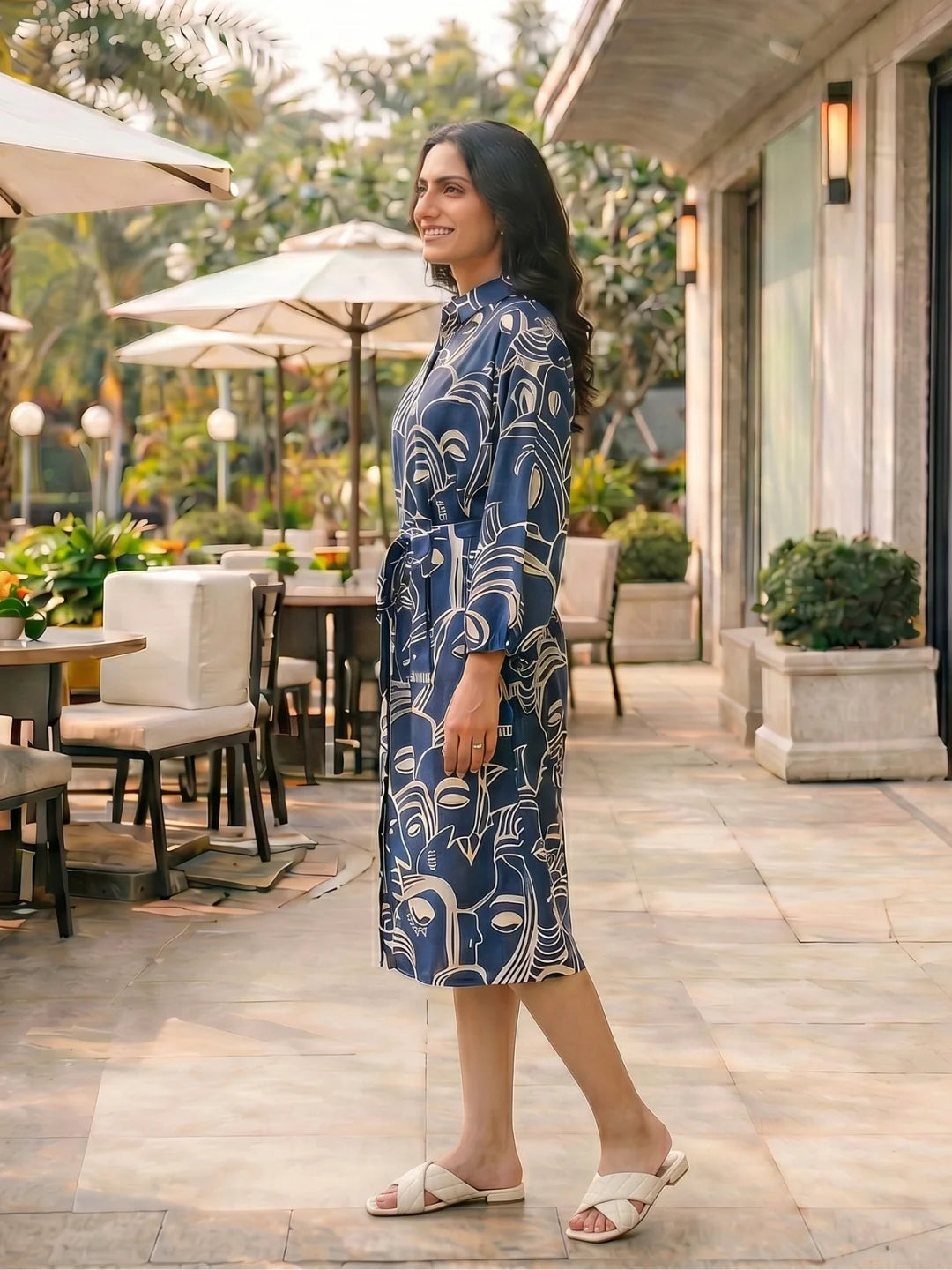 Navy Blue Abstract  Printed Bold Flower Russian Silk Midi Dress