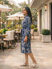 Navy Blue Abstract  Printed Bold Flower Russian Silk Midi Dress