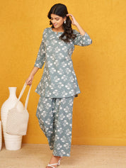 Grey Green Floral Print Co-ord Set in Cotton Cambric