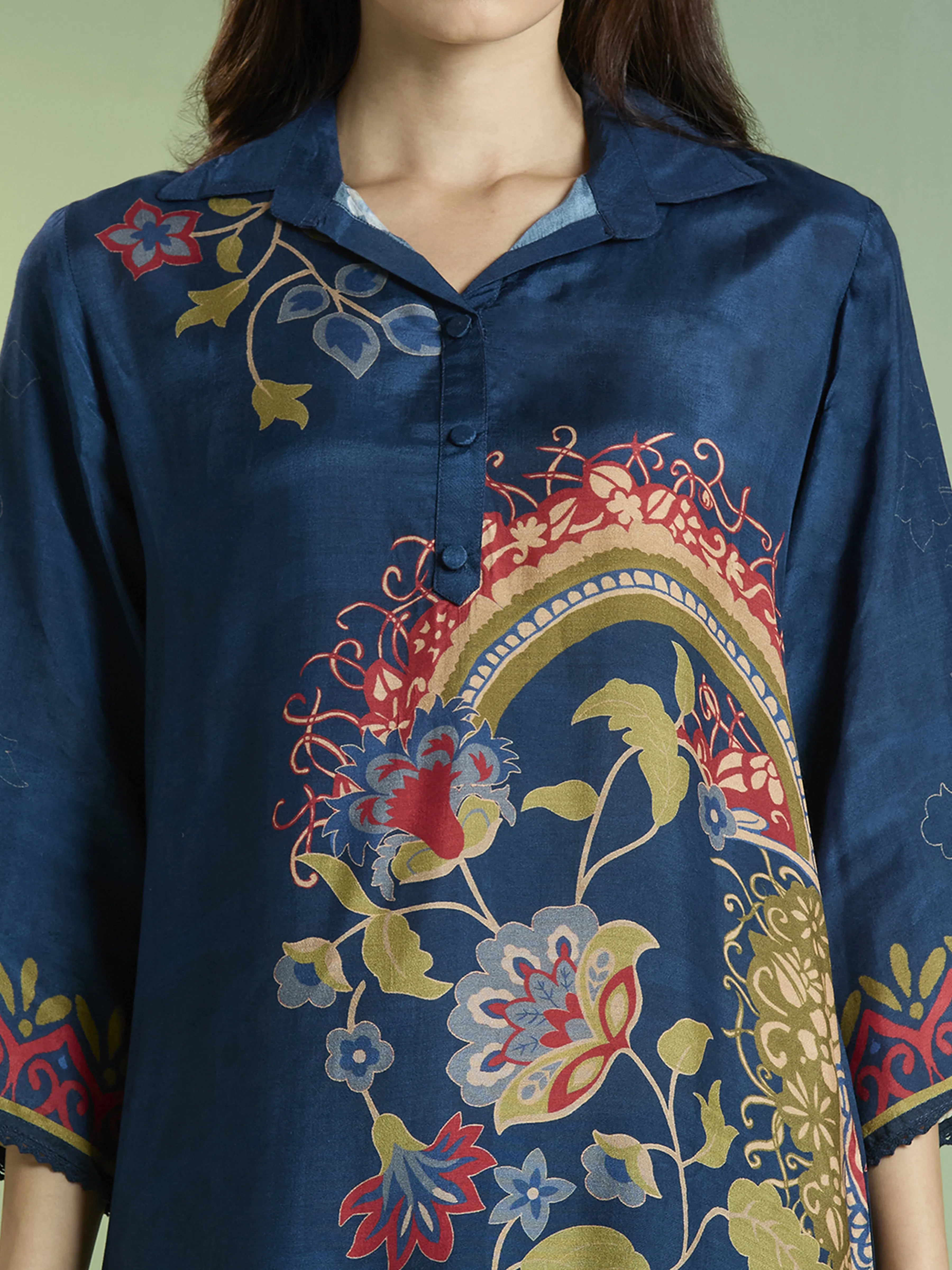 Navy Blue Paisley & Floral Printed Co-ord Set in Viscose Muslin