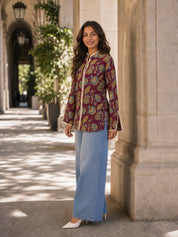 Plum Floral Jaal Printed Cotton Short Kurti
