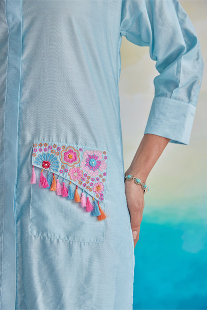 Sky Blue Embroidered Shirt Style Tunic With Tassel