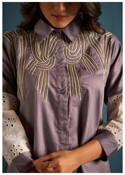 Elegant Mauve Cotton Satin Embroidery And Schiffli Detail Tunic Set