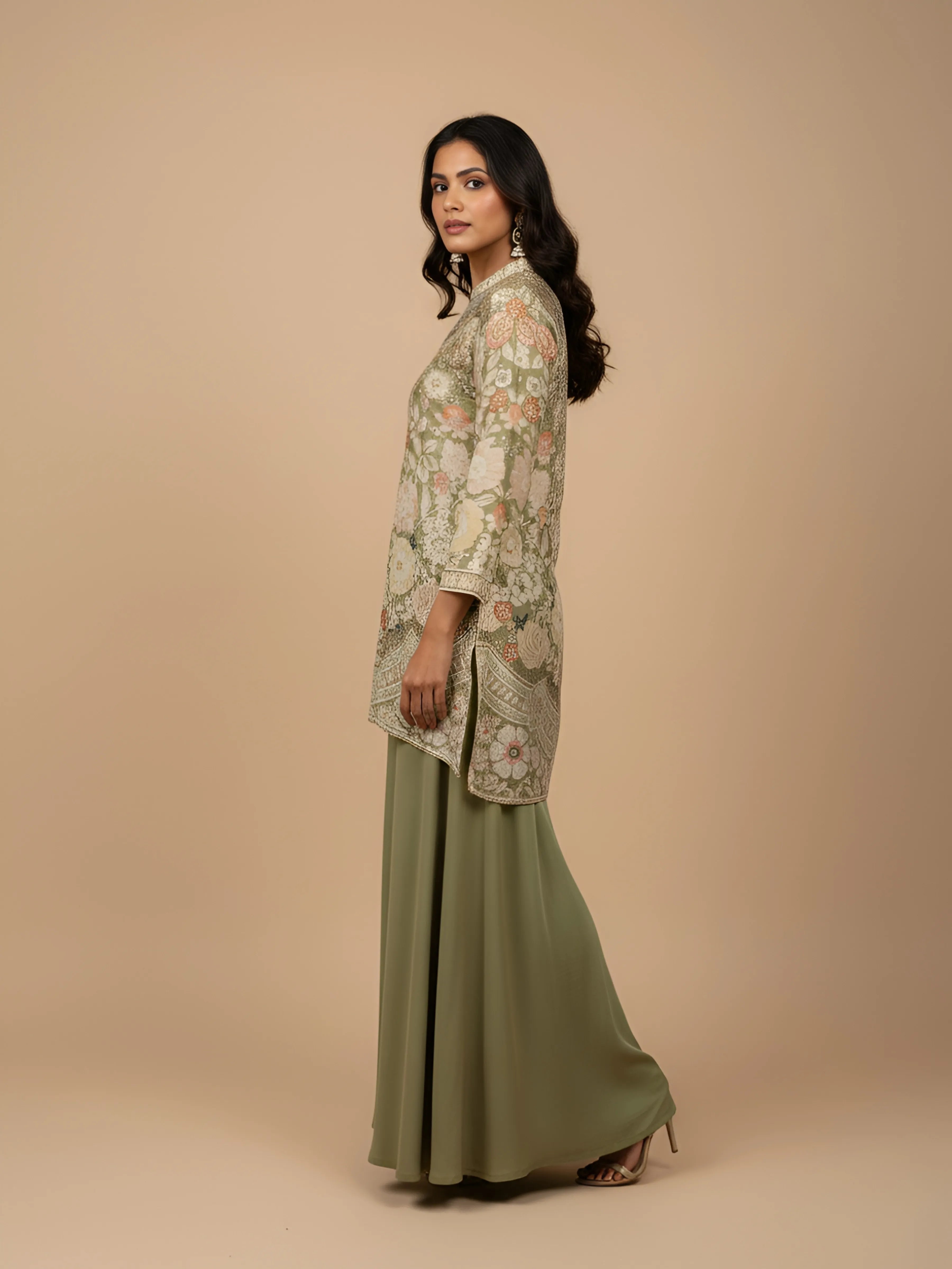Sage Green Floral Bead Embroidered Muslin & Chinon Co-ord Set