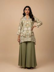 Sage Green Floral Bead Embroidered Muslin & Chinon Co-ord Set