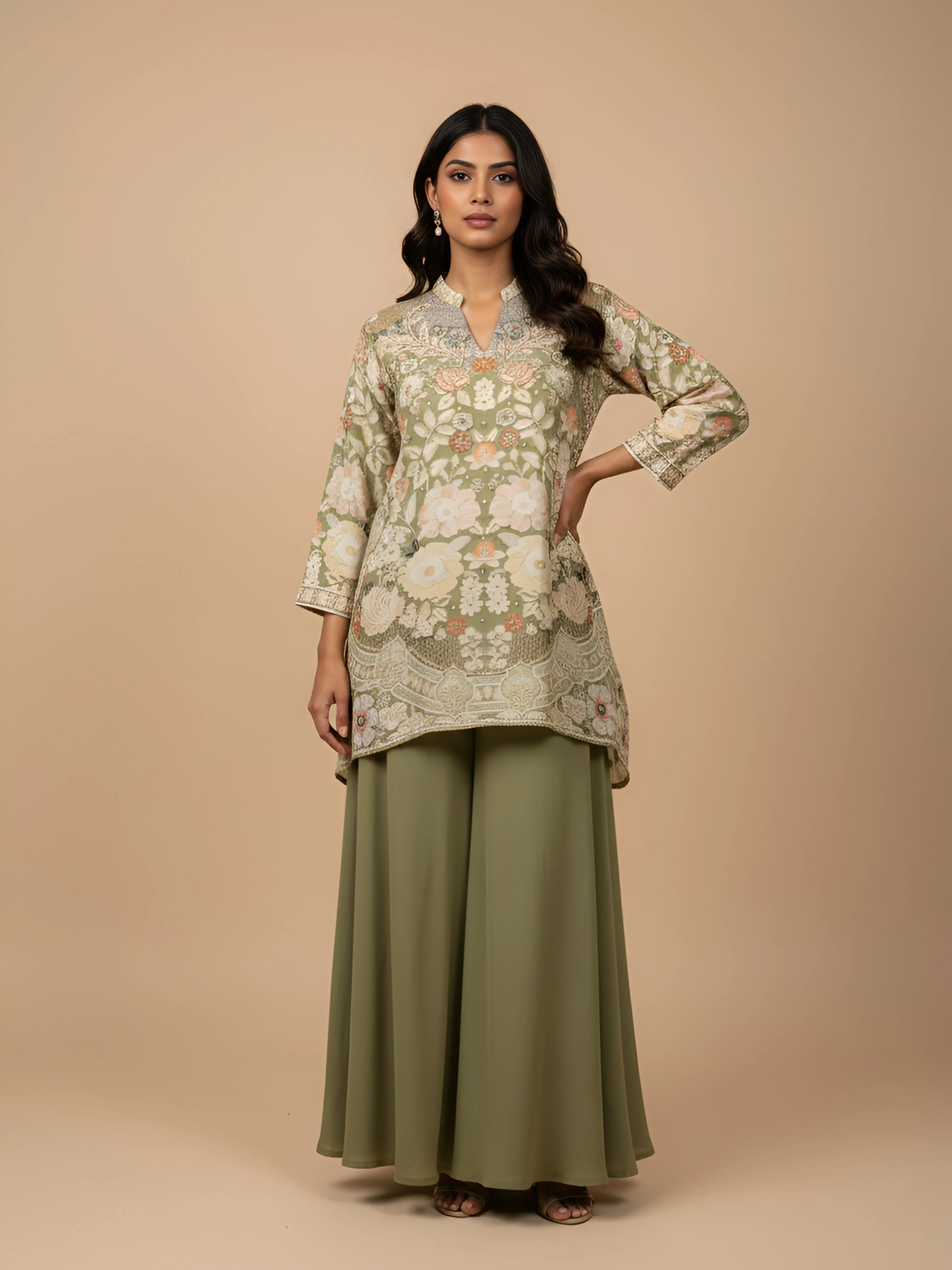 Sage Green Floral Bead Embroidered Muslin & Chinon Co-ord Set