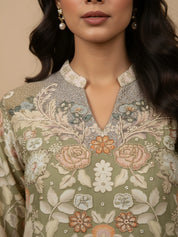 Sage Green Floral Bead Embroidered Muslin & Chinon Co-ord Set