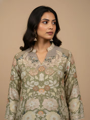 Sage Green Floral Bead Embroidered Muslin & Chinon Co-ord Set