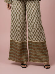 Butter Cream Lurex & Moti Embellished Muslin Co-ord Set with Flared Sleeves