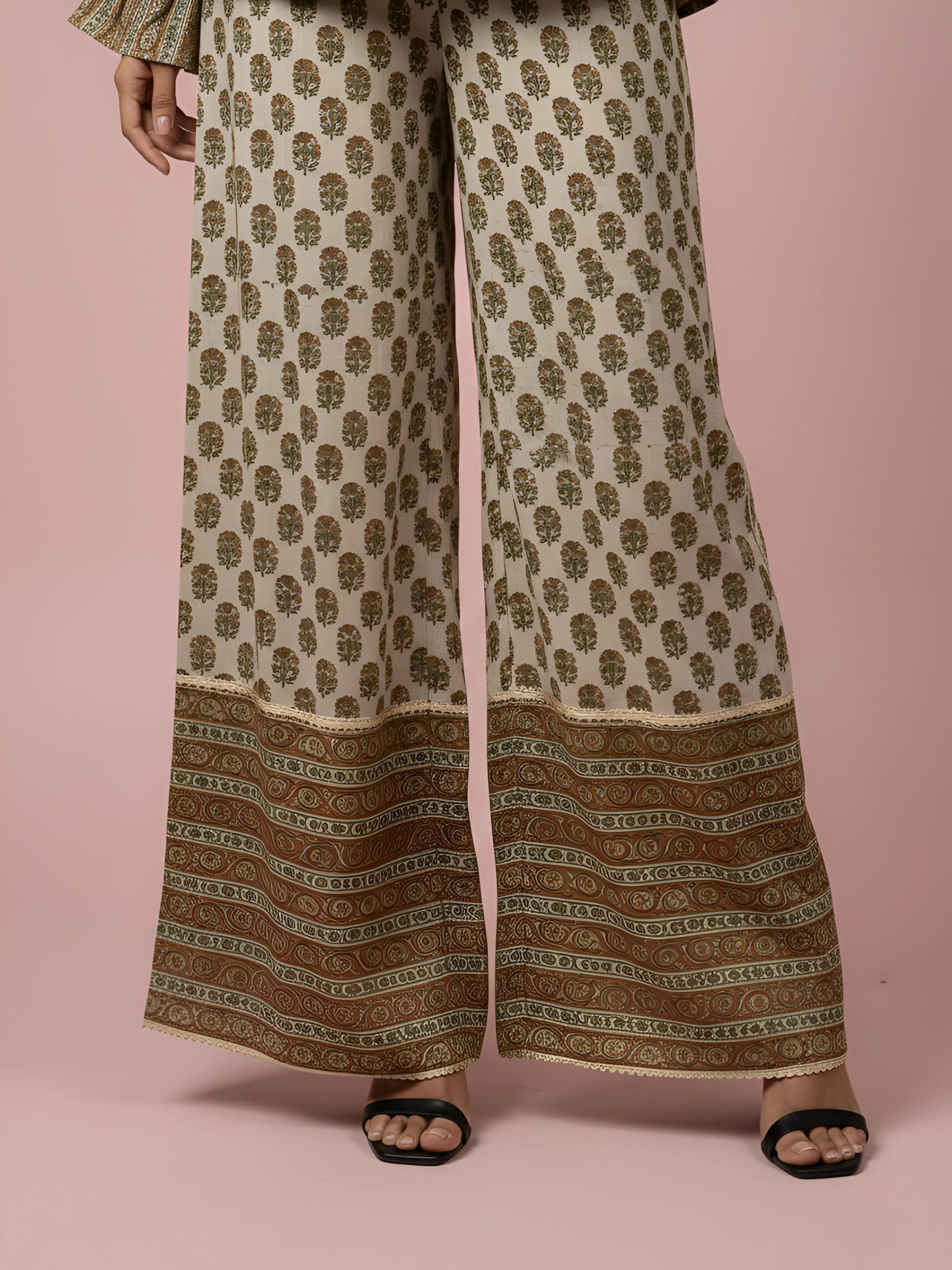 Butter Cream Lurex & Moti Embellished Muslin Co-ord Set with Flared Sleeves