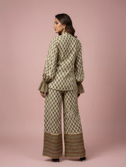 Butter Cream Lurex & Moti Embellished Muslin Co-ord Set with Flared Sleeves