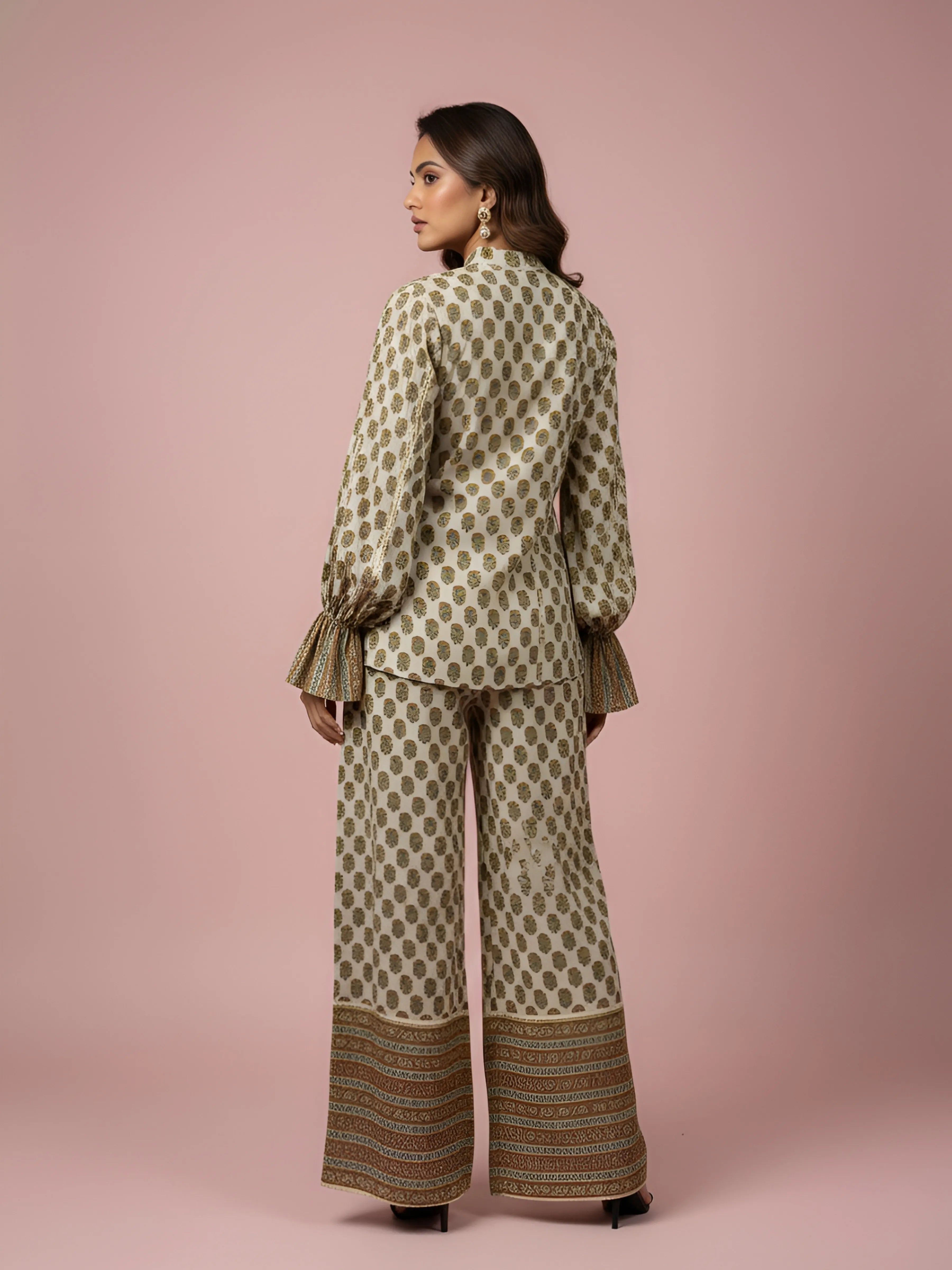 Butter Cream Lurex & Moti Embellished Muslin Co-ord Set with Flared Sleeves