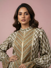 Butter Cream Lurex & Moti Embellished Muslin Co-ord Set with Flared Sleeves