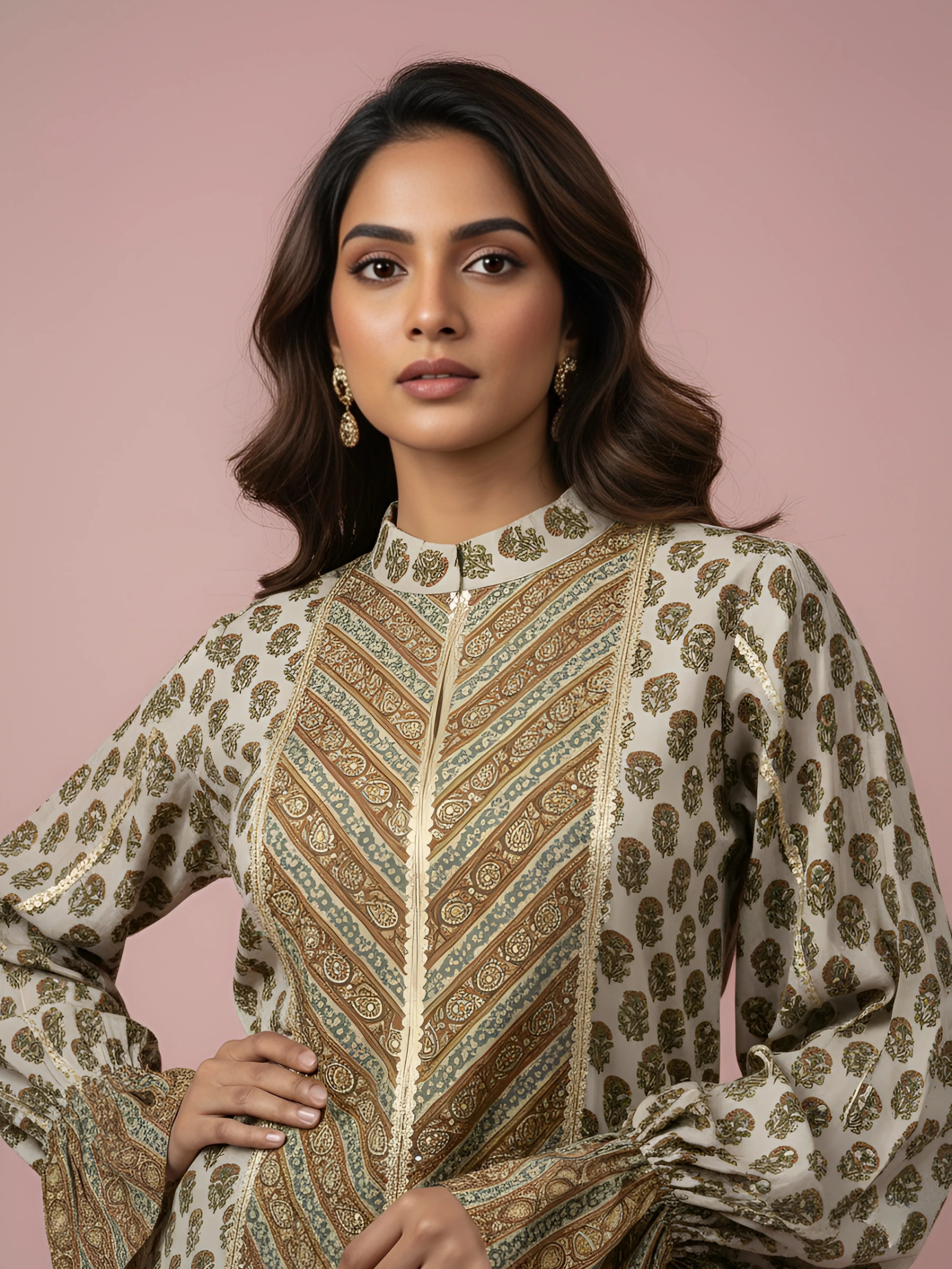 Butter Cream Lurex & Moti Embellished Muslin Co-ord Set with Flared Sleeves