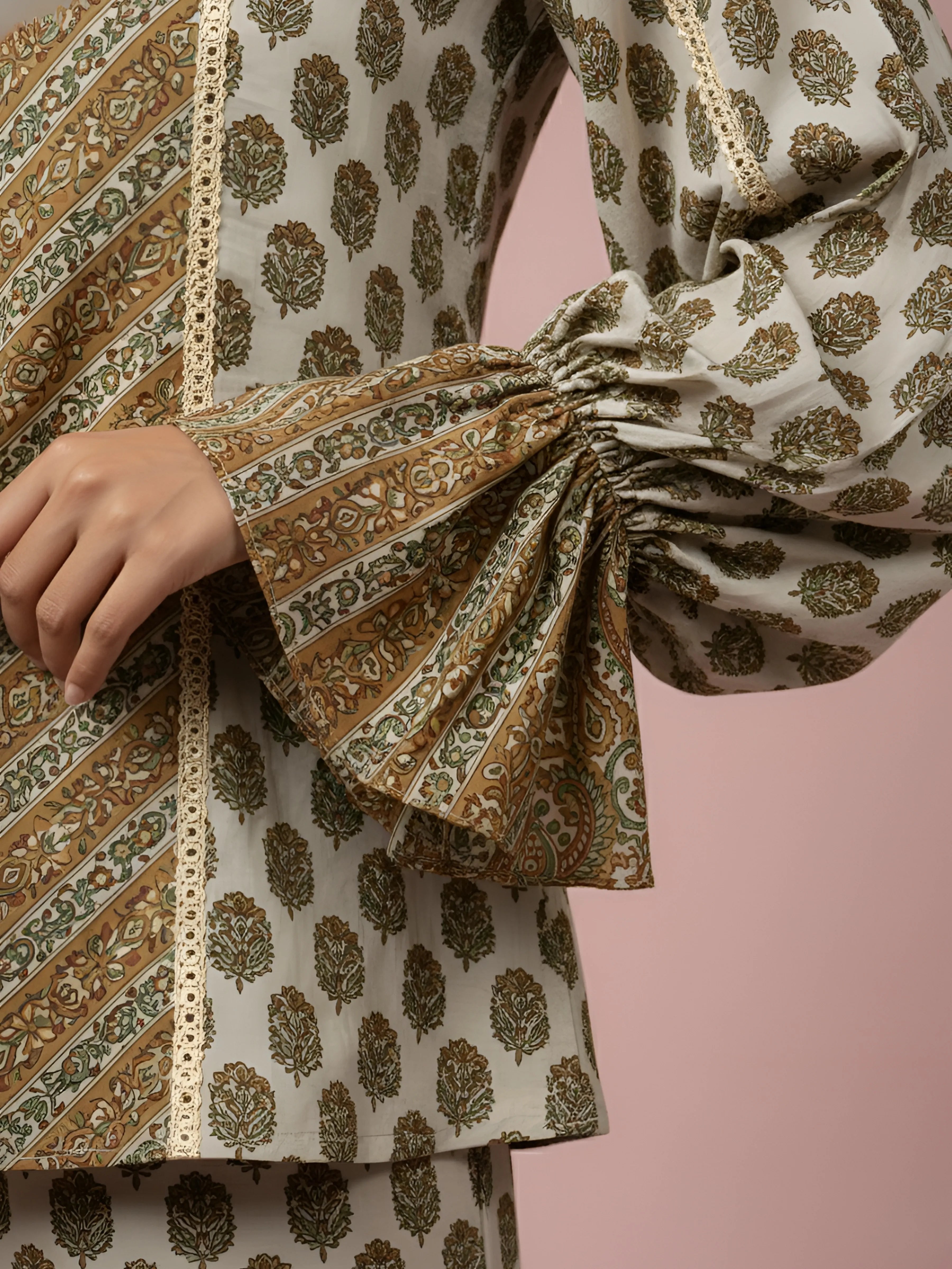 Butter Cream Lurex & Moti Embellished Muslin Co-ord Set with Flared Sleeves