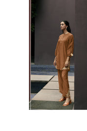 Kaftanize Kiaa-Rust Orange Embroidered Thread Work Puff Sleeve Tunic With Straight Pant