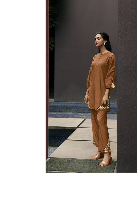 Rust Orange Embroidered Tunic With Straight Pant