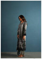 Grey Printed Rhinestone Work Muslin Pakistani Ethnic Set With Dupatta