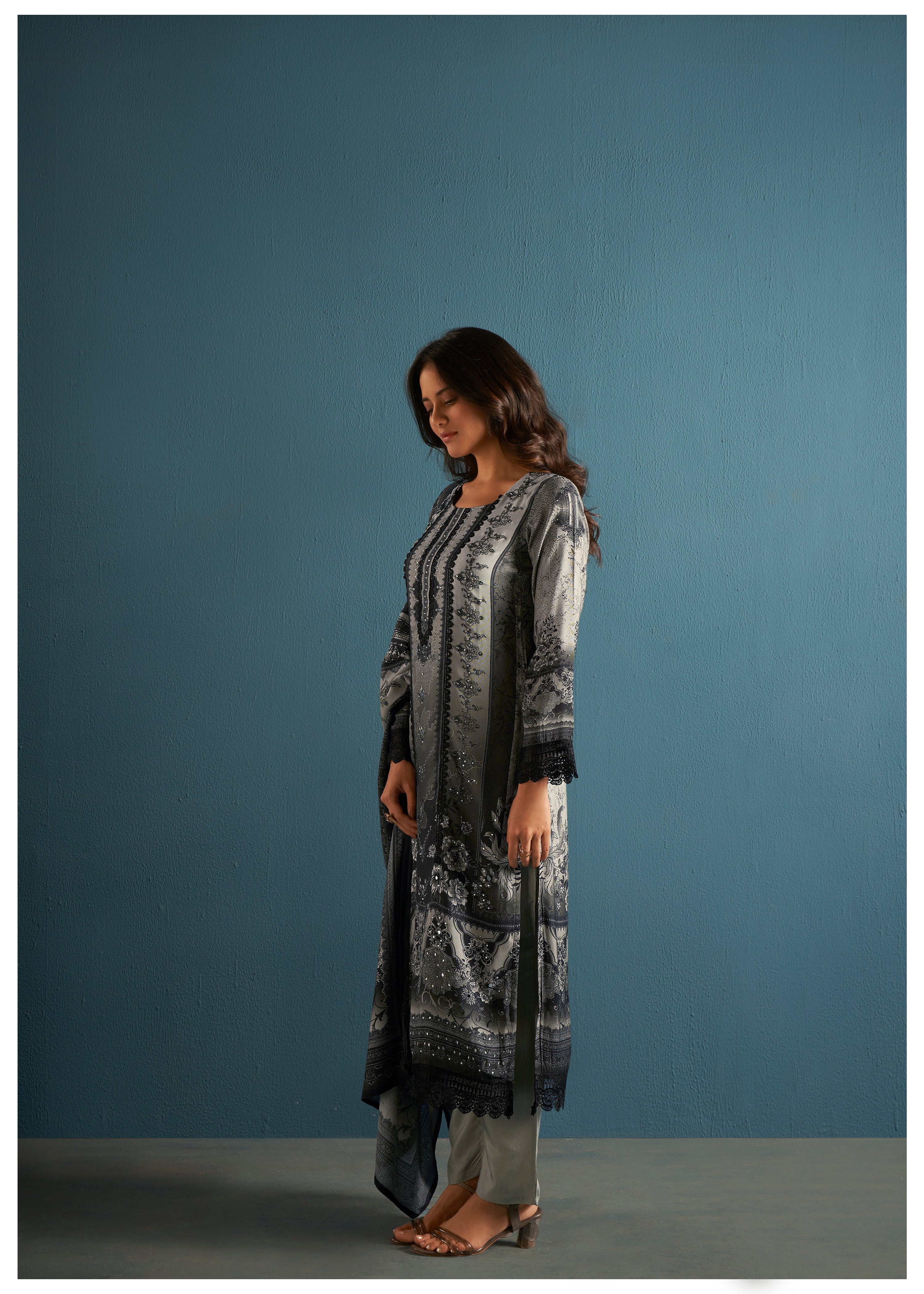 Grey Printed Rhinestone Work Muslin Pakistani Ethnic Set With Dupatta